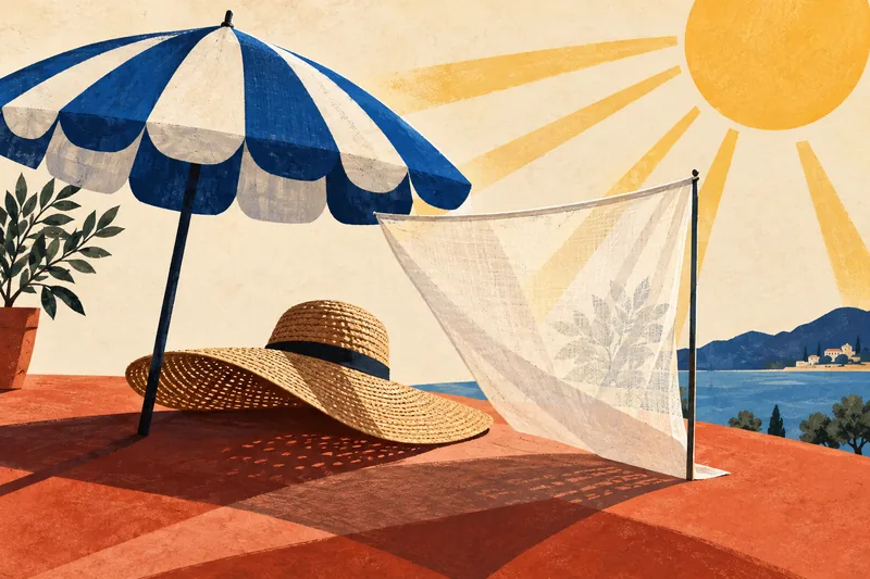 Ilustração editorial de guarda-sol, chapéu de aba larga e tecido criando sombra sob o sol.