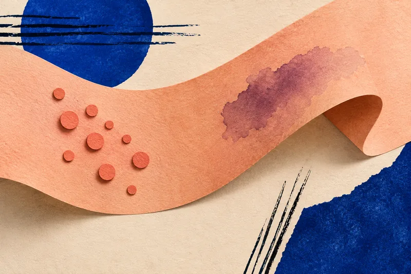 Ilustração abstrata de pontos elevados, uma mancha plana e uma dobra na mesma superfície.