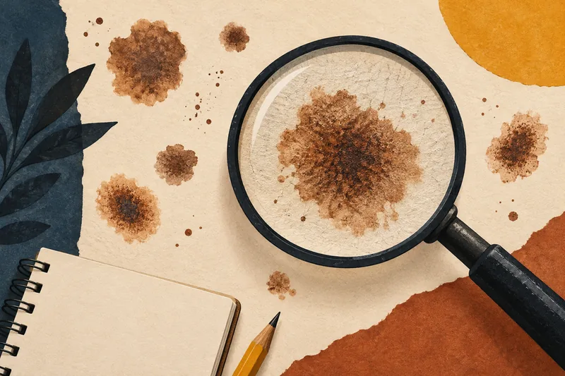Ilustração de uma lupa ampliando detalhes de pequenas marcas abstratas sobre papel.