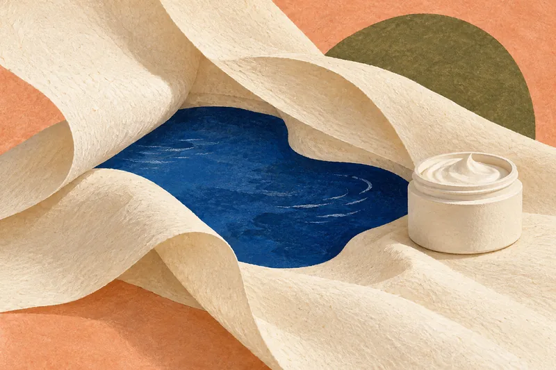 Ilustração de dobras macias em papel, com uma área de cor que sugere hidratação e conforto.