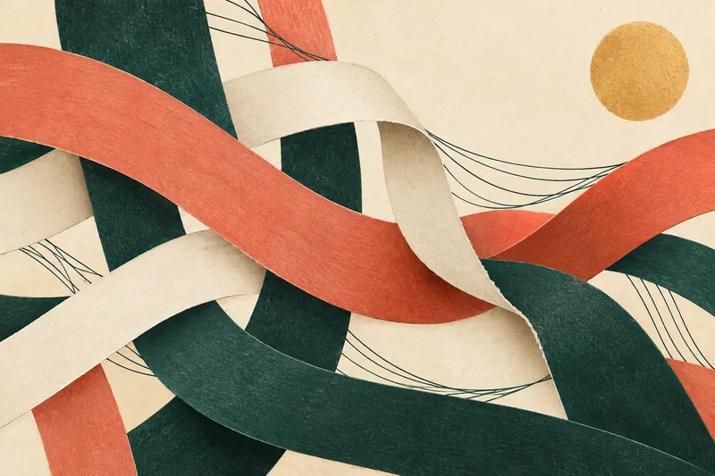 Ilustração abstrata de faixas de papel entrelaçadas, formando uma trama de sustentação.