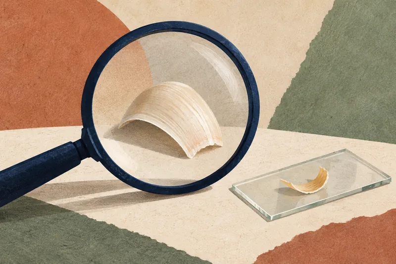 Ilustração editorial de uma unha sob uma lupa, ao lado de uma lâmina de exame.