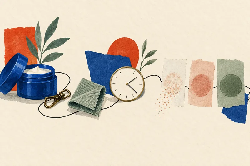 Ilustração editorial que reúne produtos, metal, tecido e um relógio como pistas para investigar uma reação cutânea.