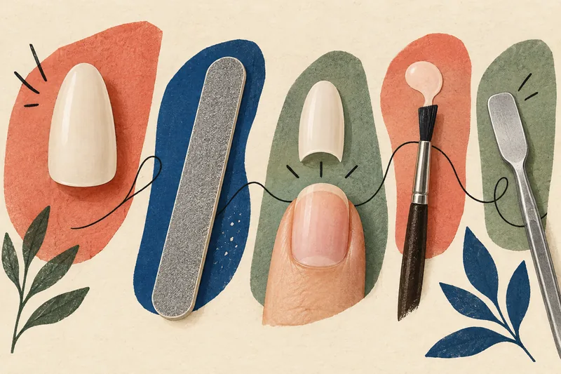 Ilustração de uma unha artificial, uma lixa, um pincel e uma espátula.