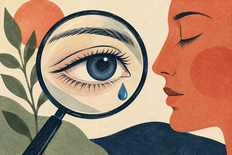 Ilustração editorial de um olho sob uma lupa, uma gota azul e um perfil de rosto.